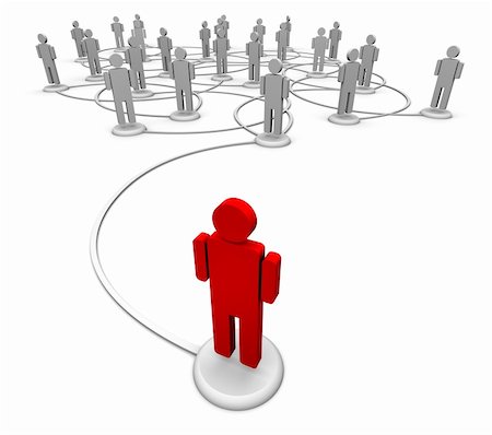 High resolution 3D illustration of icon people linked by communication lines that start from one red person out in front of the crowd. Photographie de stock - Aubaine LD & Abonnement, Code: 400-05730353