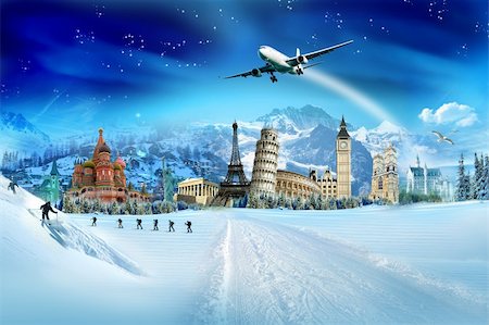 Winter vacation - collection of world monuments, mountains and winter activities Photographie de stock - Aubaine LD & Abonnement, Code: 400-05730683