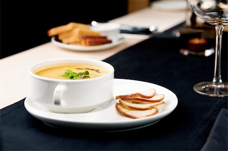 simsearch:400-06079651,k - Puree of squash soup with smoked cheese and croutons Stock Photo - Budget Royalty-Free & Subscription, Code: 400-05731282
