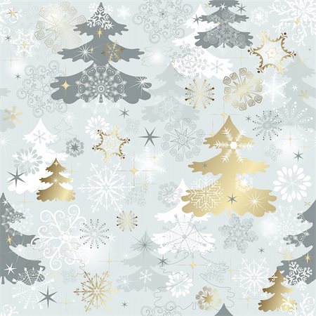 Winter seamless pattern with  varied snowflakes, christmas trees and gold stars (vector) Stock Photo - Budget Royalty-Free & Subscription, Code: 400-05732642