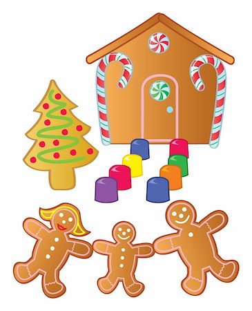 A gingerbread family standing outside their gingerbread house made of candy. Stock Photo - Budget Royalty-Free & Subscription, Code: 400-05733796