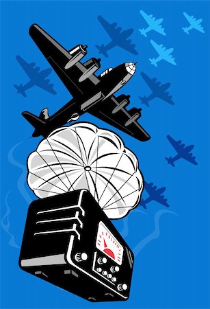 illustration of a world war two bomber dropping vintage radio on parachute done in retro style Stock Photo - Budget Royalty-Free & Subscription, Code: 400-05744068