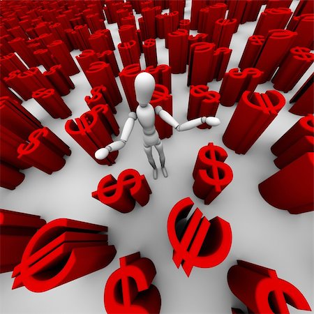 simsearch:400-05730288,k - 3D render of confused mannequin standing in a sea of red $ dollar and â?¬ euro symbols. Stock Photo - Budget Royalty-Free & Subscription, Code: 400-05744161
