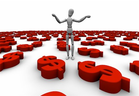 simsearch:400-05730288,k - 3D render of a confused mannequin standing in a sea of red $ Dollar symbols on isolated white background. Stock Photo - Budget Royalty-Free & Subscription, Code: 400-05744163