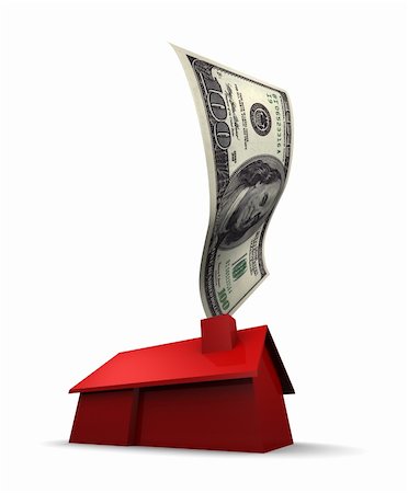 simsearch:400-04268399,k - 3D illustration of a red house with a U.S. 100 dollar bill coming out of the chimney. 3D illustration isolated on white background. Stock Photo - Budget Royalty-Free & Subscription, Code: 400-05744267