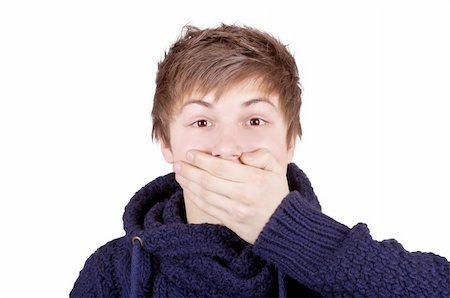 simsearch:400-04175955,k - Teenager in a purple sweater shut his mouth with one hand Stock Photo - Budget Royalty-Free & Subscription, Code: 400-05745991