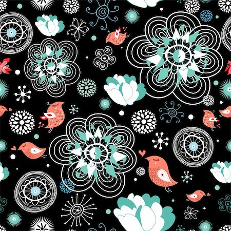 flying bird sketch - Seamless floral pattern with red birds on a black background Stock Photo - Budget Royalty-Free & Subscription, Code: 400-05746050