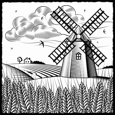 Retro landscape with windmill in woodcut style. Black and white vector illustration with clipping mask. Stock Photo - Budget Royalty-Free & Subscription, Code: 400-05746126