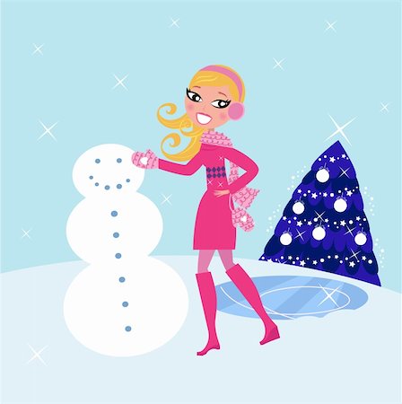 Cute blond woman building snowman. Vector illustration. Stock Photo - Budget Royalty-Free & Subscription, Code: 400-05741042