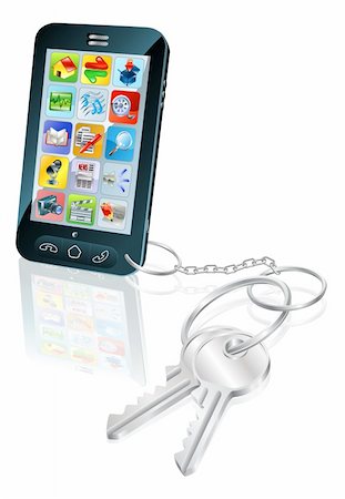 Illustration of mobile phone with keys attached. Concept for secure phone access or phone unlocking. Foto de stock - Super Valor sin royalties y Suscripción, Código: 400-05742921