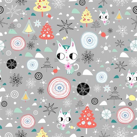 simsearch:400-05375439,k - New seamless pattern of trees and kittens on a gray background with snowflakes and candy Stock Photo - Budget Royalty-Free & Subscription, Code: 400-05743726