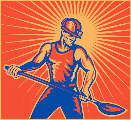 illustration of a Coal miner worker at work with spade shovel front view  done in retro woodcut style with sunburst in background Stock Photo - Budget Royalty-Free & Subscription, Code: 400-05743870