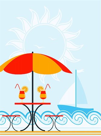 simsearch:400-05944023,k - vector background with beach umbrella, drinks on table and sailboat, Adobe Illustrator 8 format Stock Photo - Budget Royalty-Free & Subscription, Code: 400-05754500