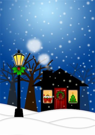 House and Lamp Post with Christmas Decoration in Snowing Winter Scene Landscape Illustration Stock Photo - Budget Royalty-Free & Subscription, Code: 400-05750211