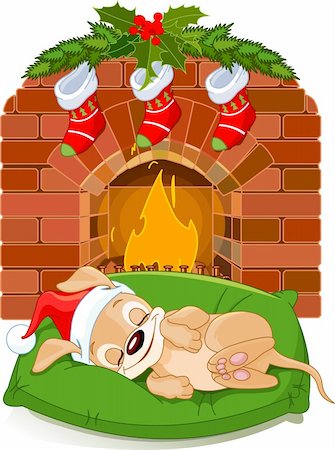 Cute little puppy with Santa?s Hat sleeping near fireplace Stock Photo - Budget Royalty-Free & Subscription, Code: 400-05750643