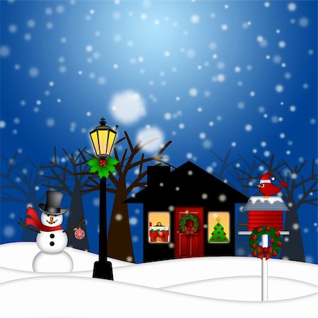 House with Lamp Post Snowman and Birdhouse Christmas Decoration in Snowing Winter Scene Landscape Illustration Stock Photo - Budget Royalty-Free & Subscription, Code: 400-05752077
