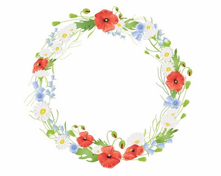 flowers bouquet vector - an illustration of a circular wreath of summer wildflowers with poppies harebells and daisies on white Stock Photo - Budget Royalty-Free & Subscription, Code: 400-05752726