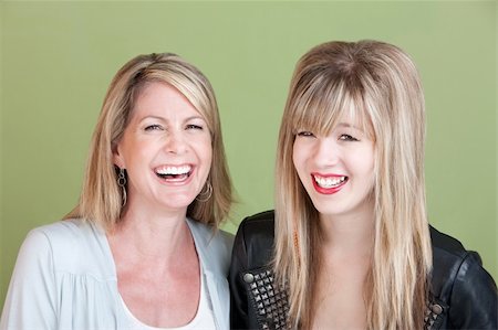 simsearch:400-05918419,k - Laughing Caucasian mom and daughter over green background Stock Photo - Budget Royalty-Free & Subscription, Code: 400-05753822