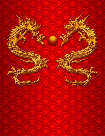 fish clip art to color - Pair of Chinese New Year Metallic Dragons on Scales Pattern Red Background Stock Photo - Budget Royalty-Free & Subscription, Code: 400-05753908