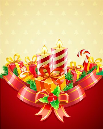 Vector illustration of cool Christmas candles and gift boxes with red bow and ribbon Stock Photo - Budget Royalty-Free & Subscription, Code: 400-05876223