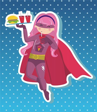 fast food restaurants background cartoon - Superhero girl flying with tray in your hand with fast food on blue background with little stars. Vector available. Stock Photo - Budget Royalty-Free & Subscription, Code: 400-05877398
