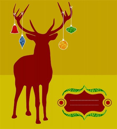 simsearch:400-08791935,k - Christmas reindeer silhouette with decorations hanged from its antlers over mustard background. Ready for use as postage greeting card. Foto de stock - Super Valor sin royalties y Suscripción, Código: 400-05877405