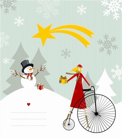 Snowman with star and gift on a bicycle illustration with blank lines to write on snowy background. Vector file available. Stock Photo - Budget Royalty-Free & Subscription, Code: 400-05877414