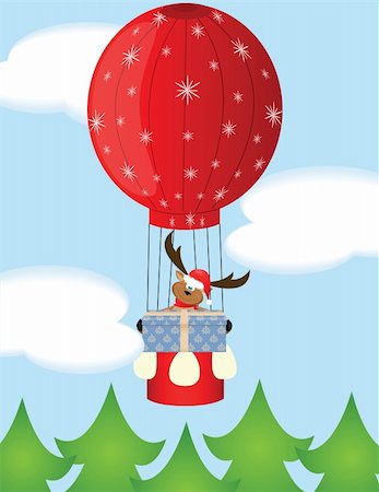 draw happy clouds - big reindeer with Santa hat and  big gift on balloon Stock Photo - Budget Royalty-Free & Subscription, Code: 400-05879877