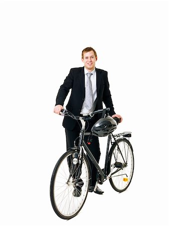 Happy businessman with bicycle and helmed isolated on white background Stock Photo - Budget Royalty-Free & Subscription, Code: 400-05884278