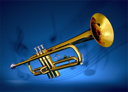 simsearch:400-04863651,k - Polished brass trumpet on with musical notes projected against blue backdrop Stock Photo - Budget Royalty-Free & Subscription, Code: 400-05885187