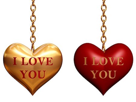 two golden and red 3d hearts with chains with text - I love you, isolated Stock Photo - Budget Royalty-Free & Subscription, Code: 400-05887181