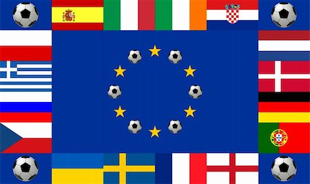 National team flags European football championship 2012. Flags from all 16 participating countries, sorted round a flag of Europe with soccer balls according to groups Foto de stock - Super Valor sin royalties y Suscripción, Código: 400-05888262