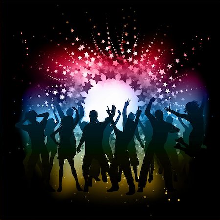 simsearch:400-04389591,k - Silhouettes of people dancing on an abstract starburst background Stock Photo - Budget Royalty-Free & Subscription, Code: 400-05888582