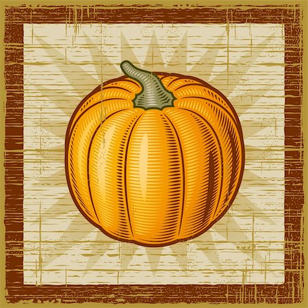 pumpkin drawing - Retro pumpkin on wooden background. Vector illustration in woodcut style. Stock Photo - Budget Royalty-Free & Subscription, Code: 400-05881660