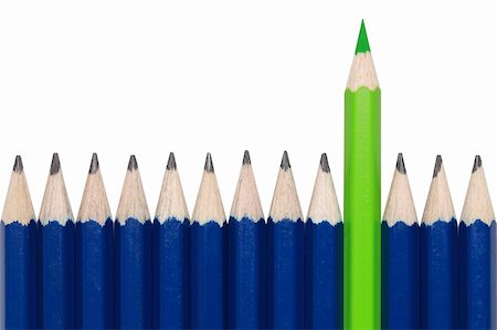 pencil crayon - Blue pencils and one green crayon standing out from the crowd. Isolated on white. Foto de stock - Super Valor sin royalties y Suscripción, Código: 400-05894436