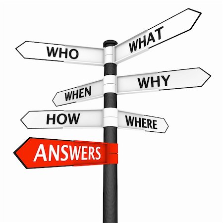 pointer - Crossroads sign with questions in every direction and answers pointer highlighted in red Stock Photo - Budget Royalty-Free & Subscription, Code: 400-05897256