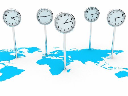 Illustration of different clocks on the world map Stock Photo - Budget Royalty-Free & Subscription, Code: 400-05899478