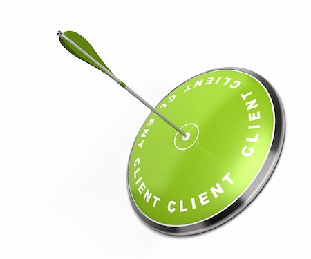 green target with the word client written on it with an arrow hitting the center - white background Stock Photo - Budget Royalty-Free & Subscription, Code: 400-05899677