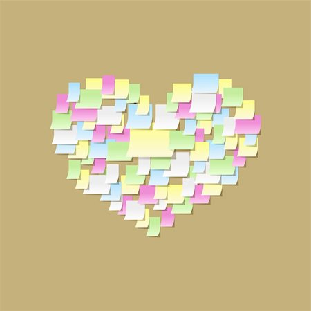 Fully scalable editable vector illustration of bunch of post it notes on a cork board, shaped into heart frame. Stock Photo - Budget Royalty-Free & Subscription, Code: 400-05891581