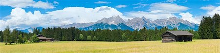 simsearch:400-05135647,k - Alps mountain meadow tranquil summer panorama with wooden house and shed (Austria, Gosau village outskirts).  Three shots composite picture. Stock Photo - Budget Royalty-Free & Subscription, Code: 400-05904326