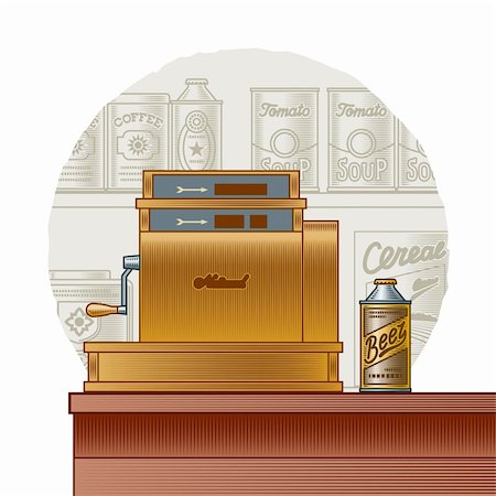 Retro cash register on a food background in woodcut style. Vector illustration with clipping mask. Stock Photo - Budget Royalty-Free & Subscription, Code: 400-05904445