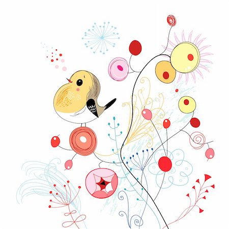 flowers on branch cartoon - Bright branches with berries and  bird on a white background Stock Photo - Budget Royalty-Free & Subscription, Code: 400-05904870