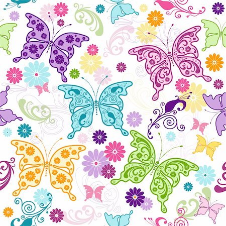 Seamless floral pattern with colorful butterflies and flowers (vector) Stock Photo - Budget Royalty-Free & Subscription, Code: 400-05905629