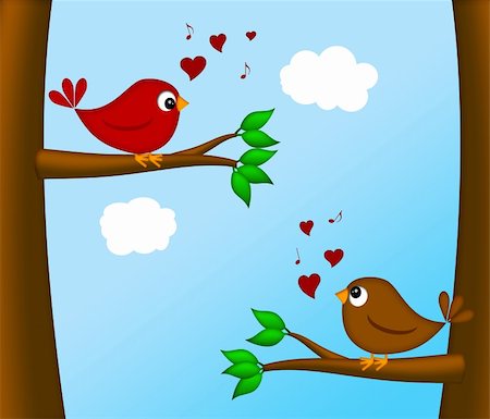 simsearch:400-06418836,k - Valentines Day Lovebirds Pair Sitting on Tree Branch Chirping Illustration Stock Photo - Budget Royalty-Free & Subscription, Code: 400-05906362