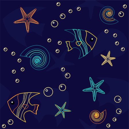 Seamless pattern with fish, shells, seastars and bubbles Stock Photo - Budget Royalty-Free & Subscription, Code: 400-05907298