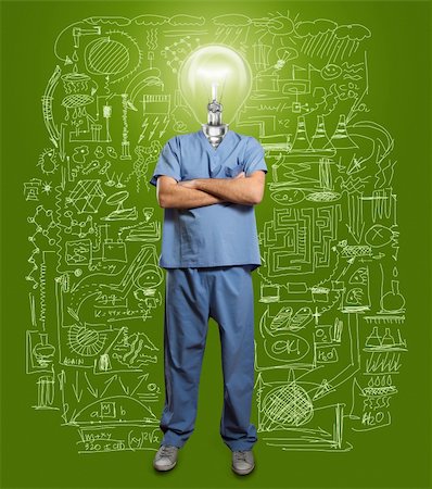 symbol for intelligence - lamp-head doctor male with folded hands Stock Photo - Budget Royalty-Free & Subscription, Code: 400-05908156
