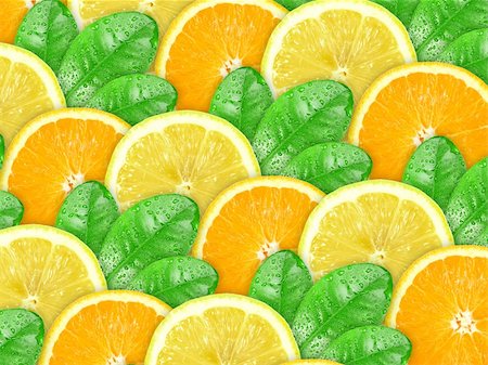 picture of orange and green object - Abstract background with citrus-fruit of orange, lemon slices and green leaf with dew for your design. Close-up. Studio photography. Stock Photo - Budget Royalty-Free & Subscription, Code: 400-05908909