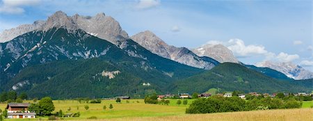 simsearch:400-05135647,k - Alps mountain country tranquil summer panorama (Austria, Gosau village outskirts). Two shots composite picture. Stock Photo - Budget Royalty-Free & Subscription, Code: 400-05903990