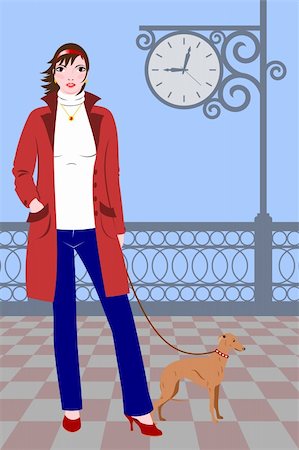 paris clock - Girl in red cloak and blue jeans walking with little dog around large clock Stock Photo - Budget Royalty-Free & Subscription, Code: 400-05915174