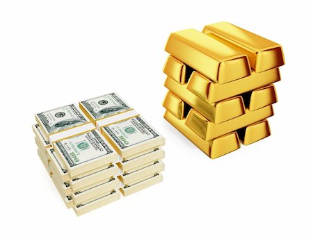 Big dollars pack and gold bars.Isolated on white. 3d rendered. Stock Photo - Budget Royalty-Free & Subscription, Code: 400-05915460